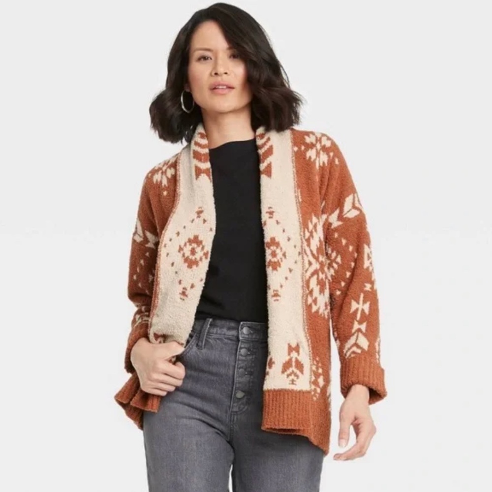 Knox Rose Geometric Print Open Front Cardigan in Brown, NWT